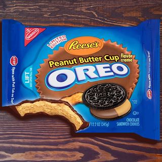 A blue box of Oreo cookies, stuffed with Reese's peanut butter cup filling.