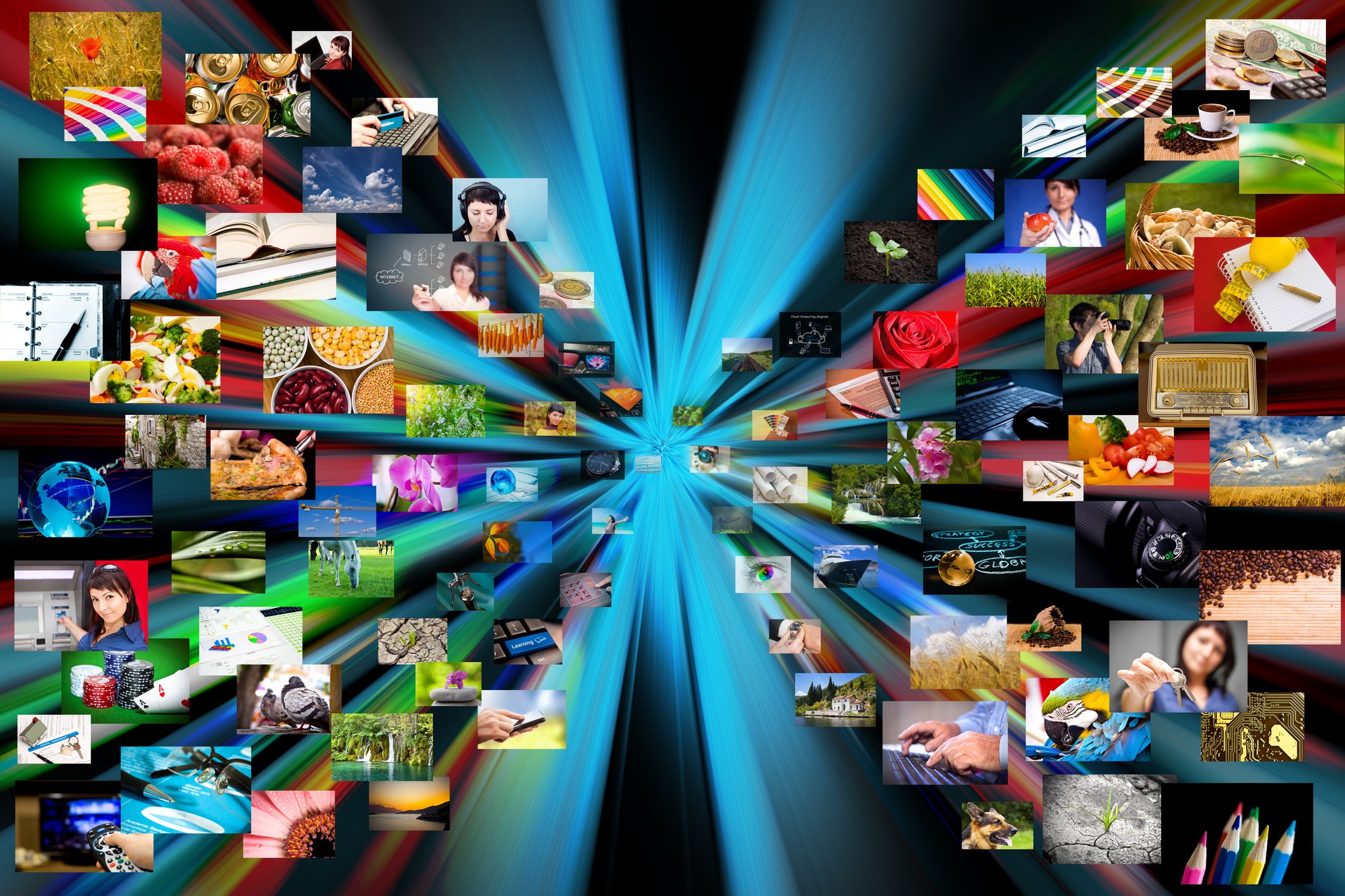 Image of screens flying into the distance, symbolizing streaming TV.