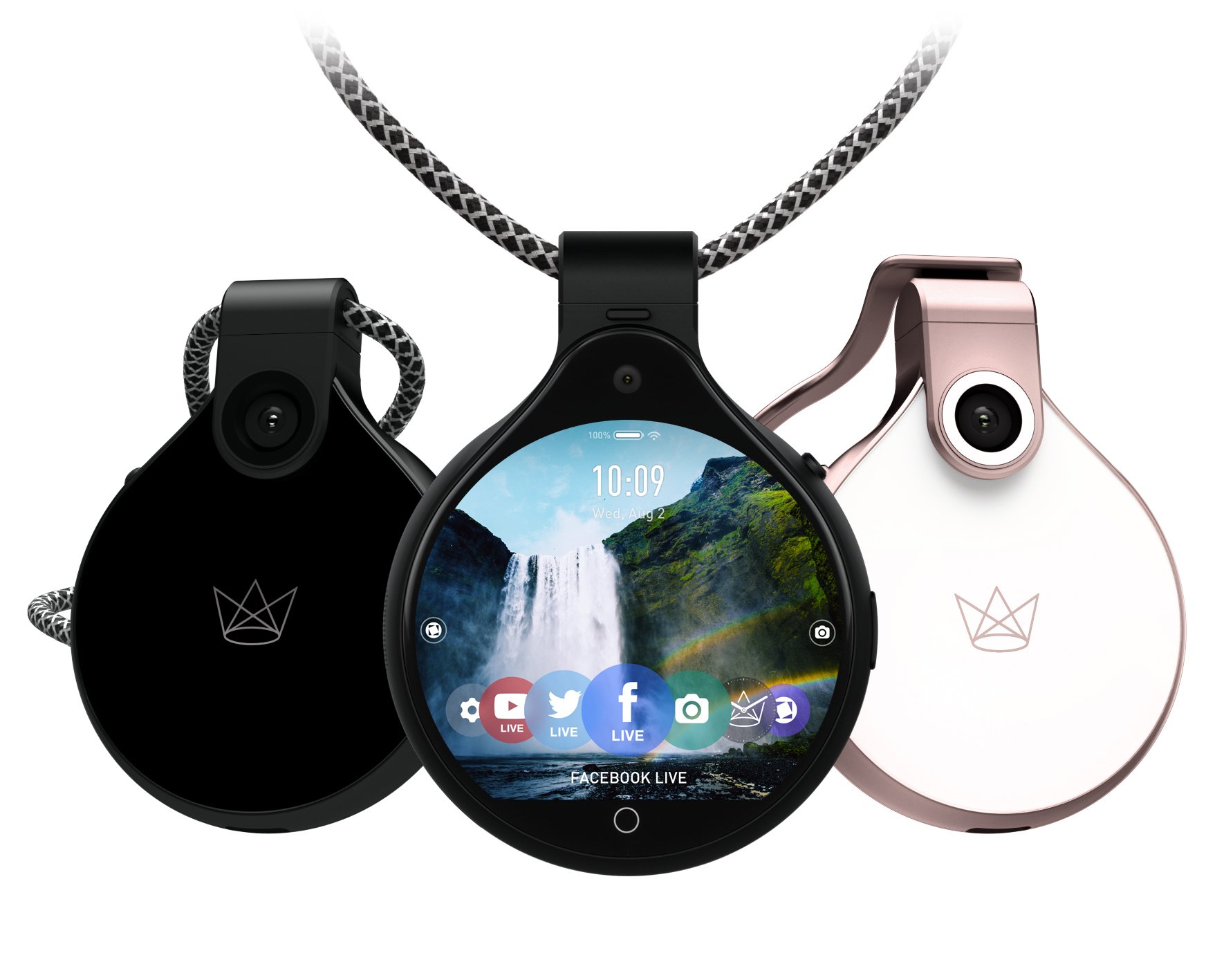 3 pictures of the FrontRow product: 2 with black and white versions on either side of one with the OLED display