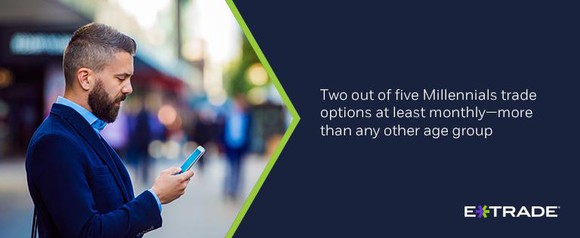 Man checking his cell phone. Caption reads "Two out of five millenials trade options at least monthly -- more than any other age group