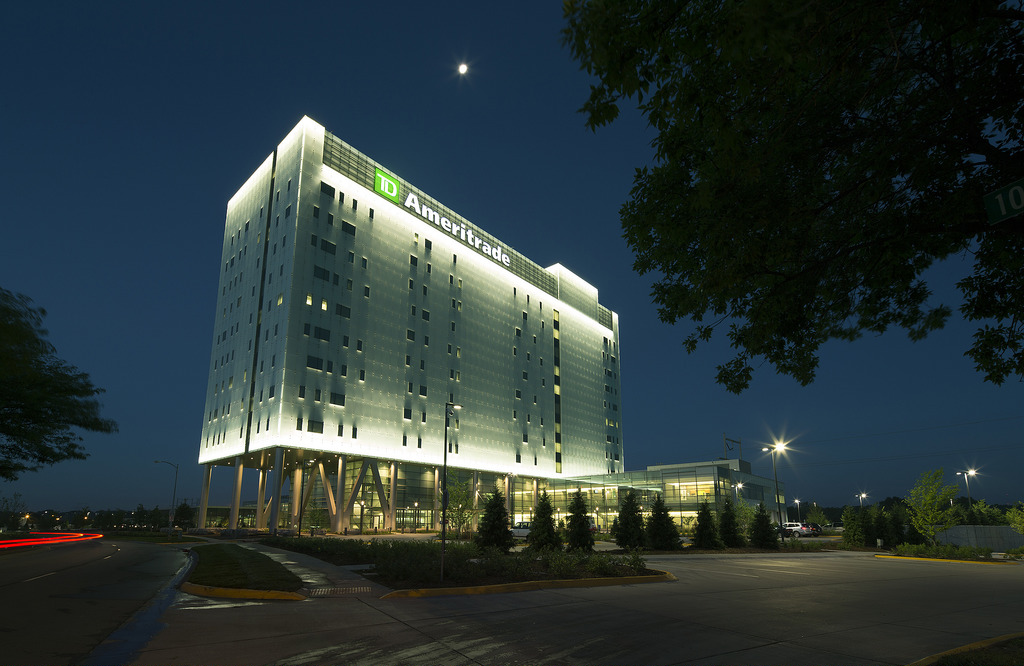 Picture of TD Ameritrade's headquarters at night