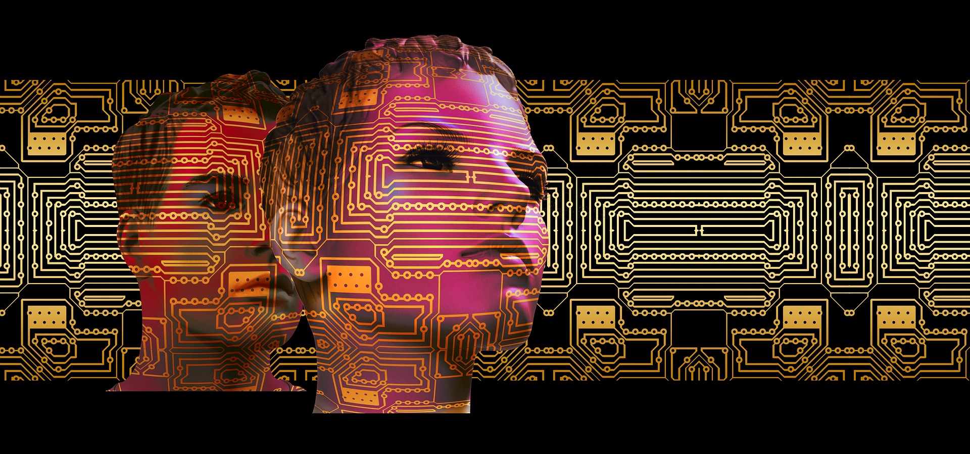 Two human-like heads overlaid with circuit boards.