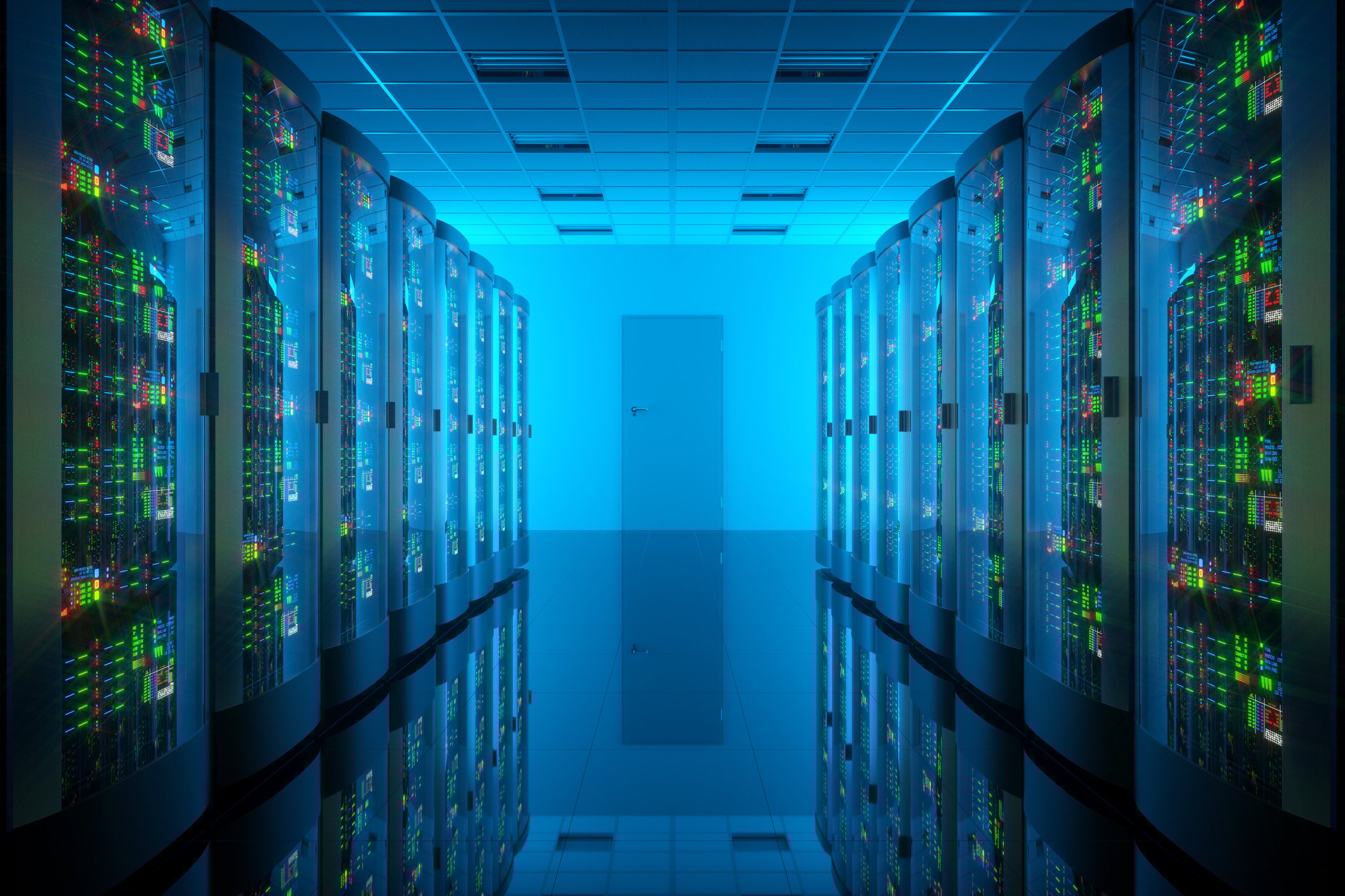 Interior of a data center -- a corridor with servers in stacks on both sides. 