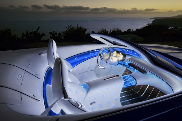 A close-up of the Vision Mercedes-Maybach 6 Cabriolet's two-seat interior, which features blue lighting and white leather.