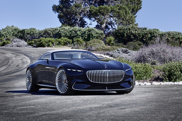 The Vision Mercedes-Maybach 6 Cabriolet, posed on a California coastal road in bright sunlight and viewed from a front quarter-angle. 