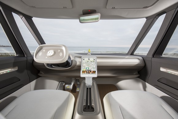 The dash and front seats of the Volkswagen I.D. Buzz show car, showing a retractable steering wheel and large central touchscreen.