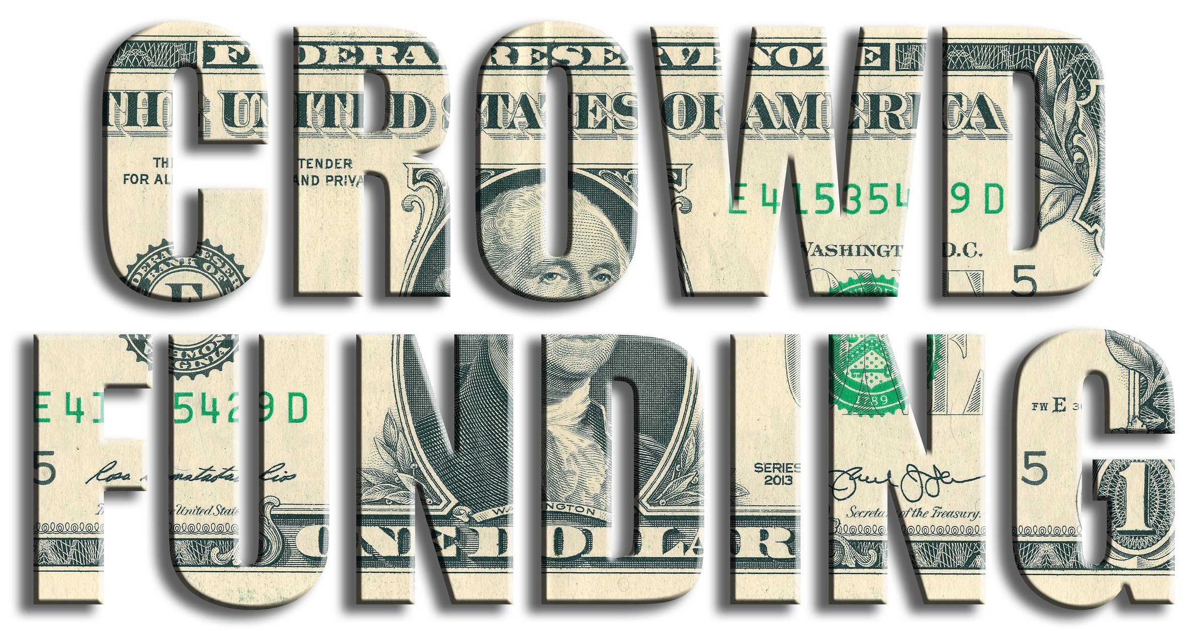 Crowd funding spelled out on dollar bill background