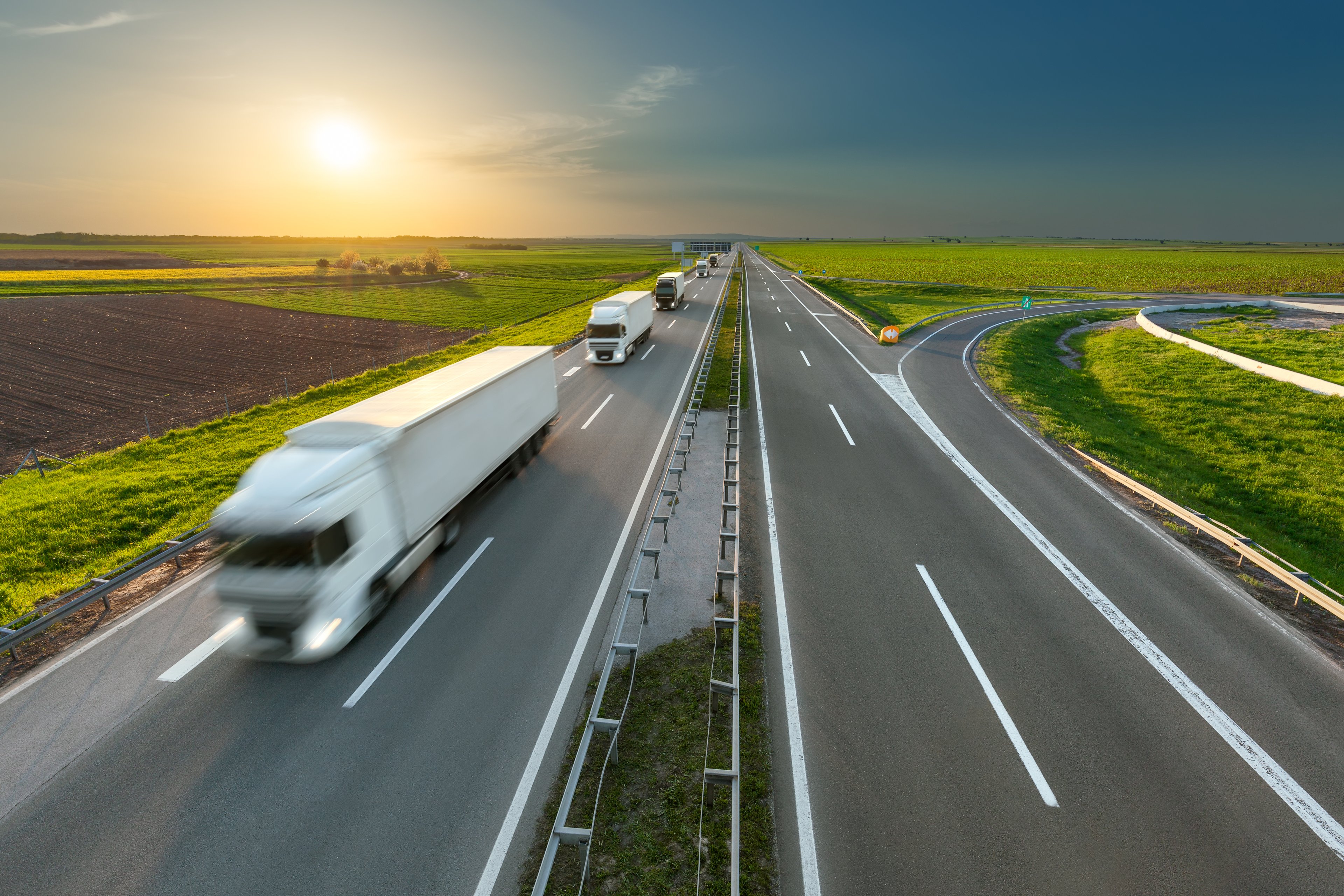 Several white trucks driving on a highway in a rural area surrounded by grass and fields at sunset.