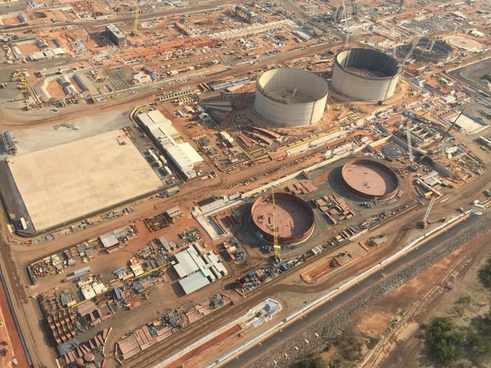 Storage tanks under construction.