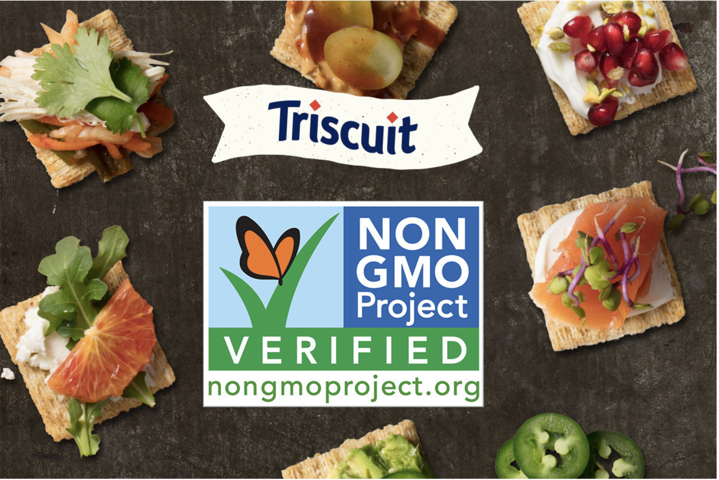 Triscuit logo above a non GMO verified logo with several Triscuits topped with different vegetable ingredients scattered around a table top.
