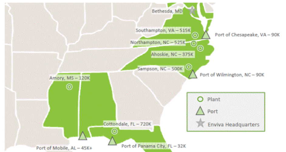 Map of Enviva's facilities