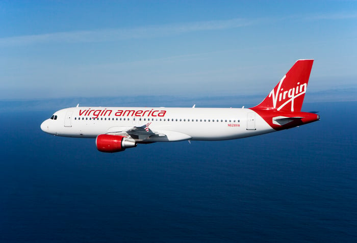 A Virgin America plane in flight.