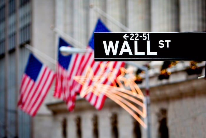 Wall Street street sign with three American flags lined up in the background.