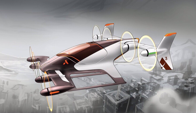 Rendering of Airbus' autonomous air taxi flying over a city by the water -- most likely the San Francisco Bay Area.