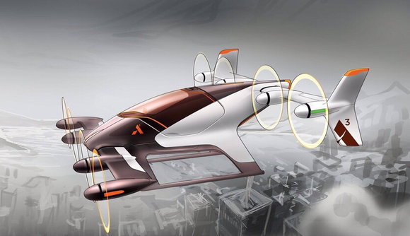 Rendering of Airbus' autonomous air taxi flying over a city by the water -- most likely the San Francisco Bay Area.