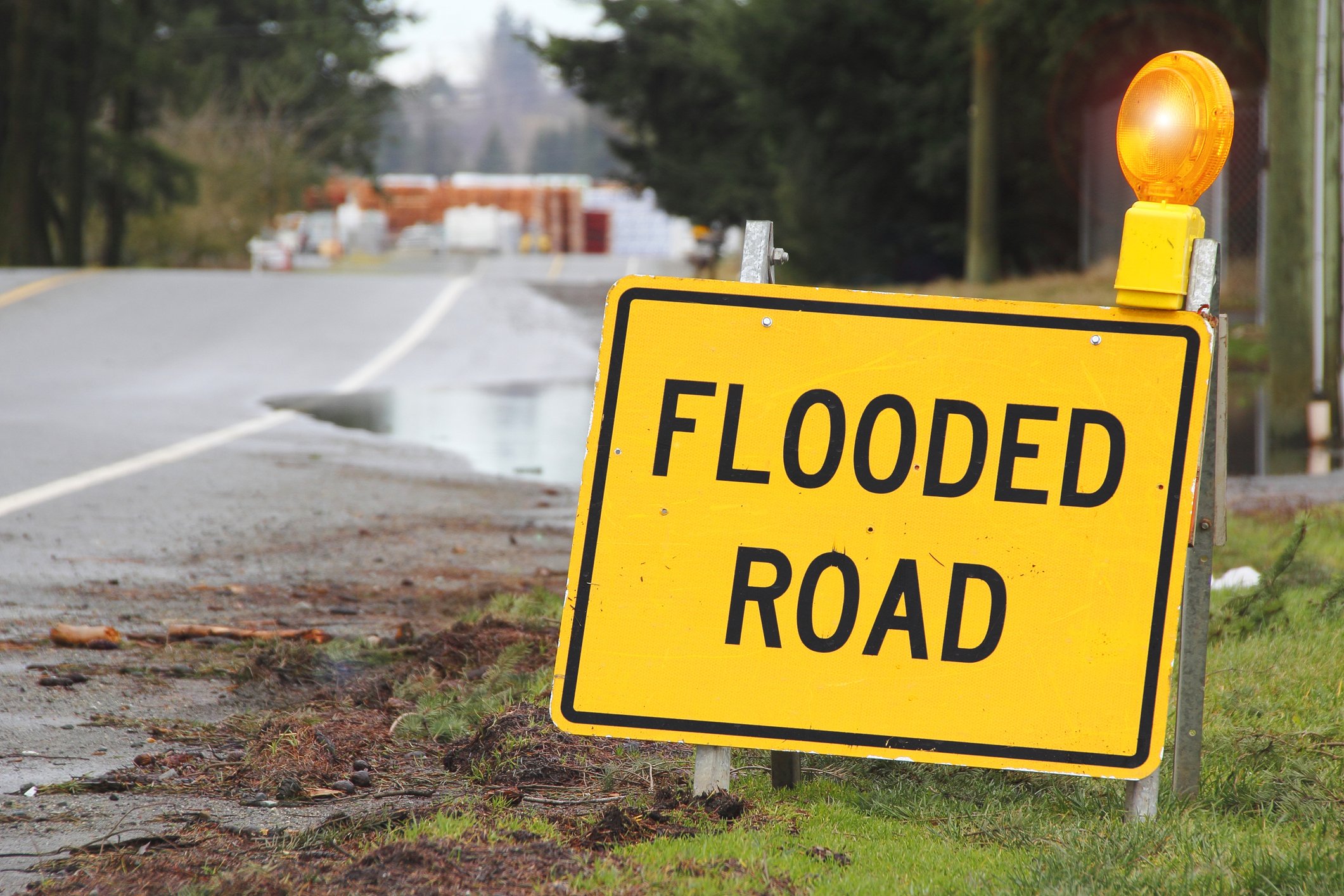 Yellow "Flooded Road" sign along side of road.