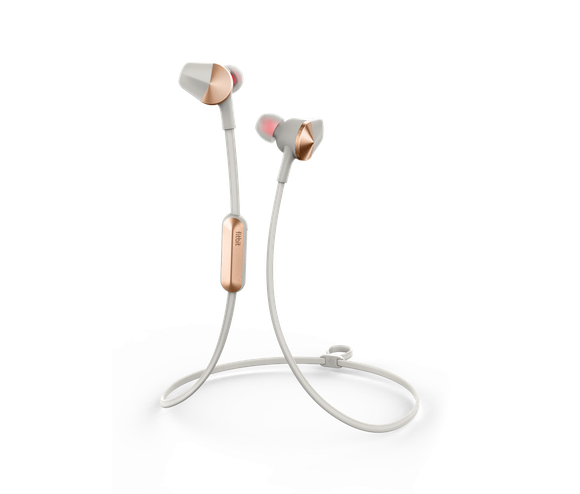The new Fitbit Flyer headphones, displayed in white and gold.