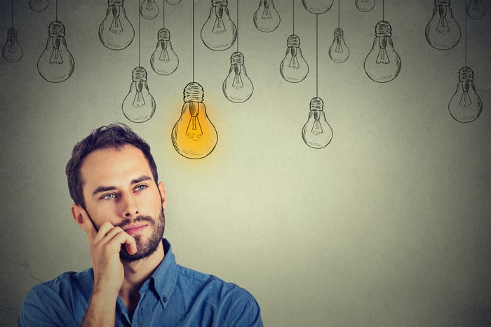 Man with hand to his face in front of drawings of multiple light bulbs with one colored brightly