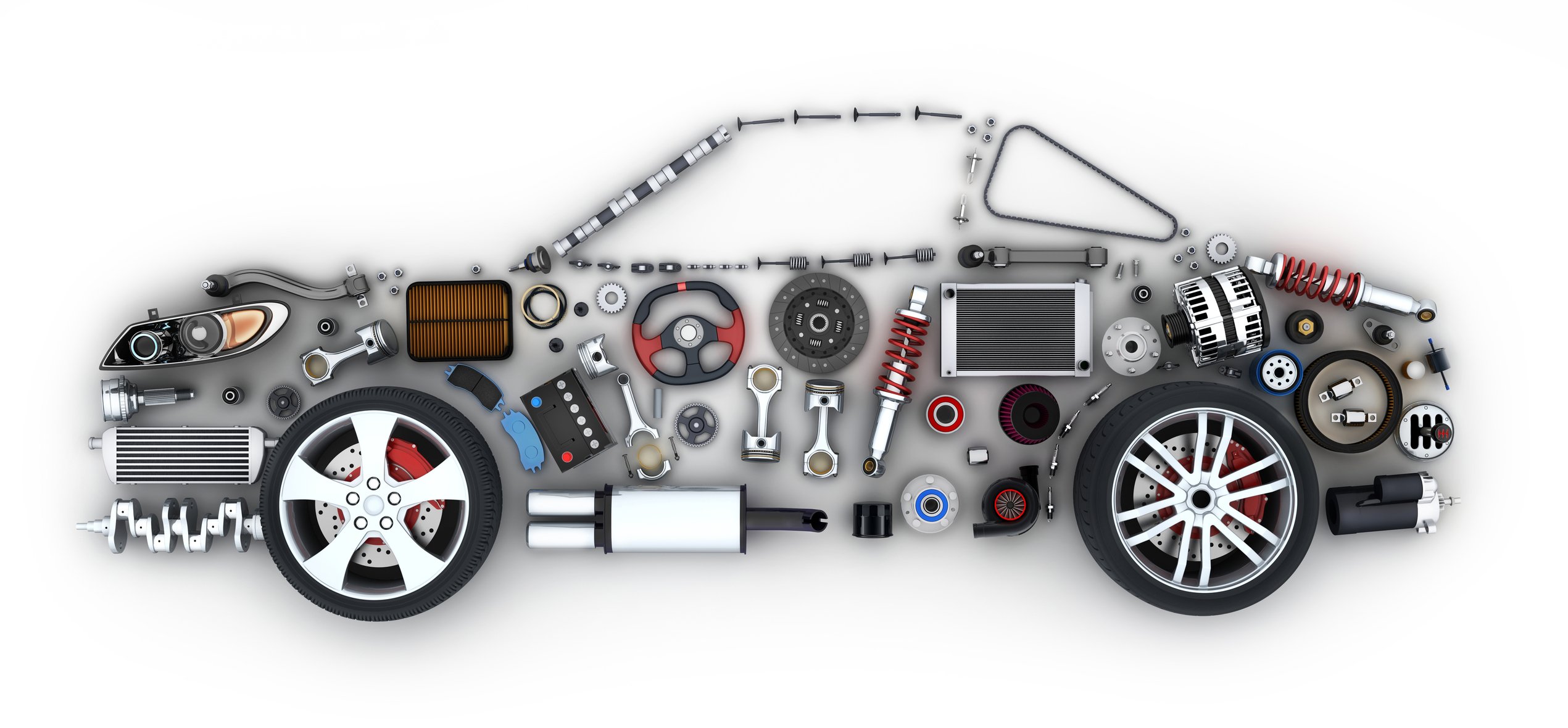 abstract collection of auto parts in the shape of a car