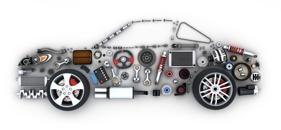 abstract collection of auto parts in the shape of a car