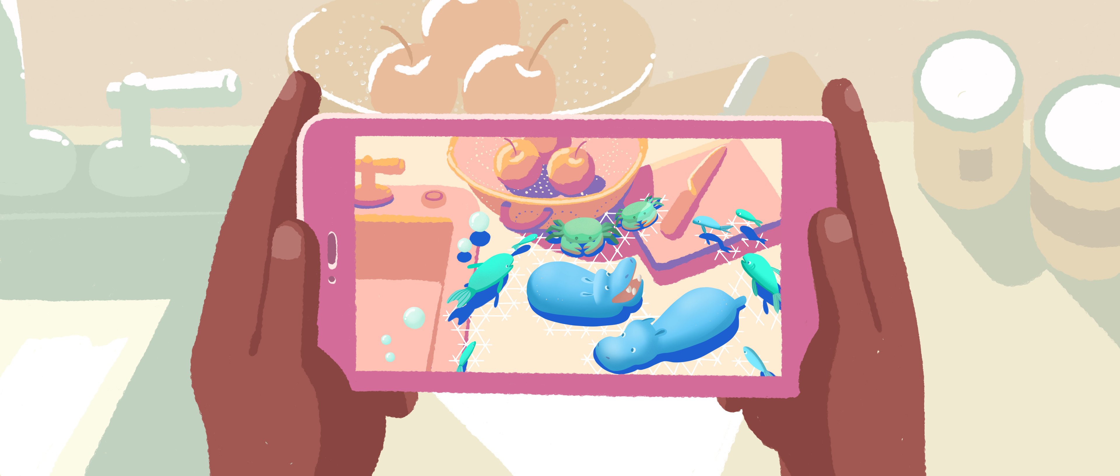 Illustration of person looking through a smartphone to see an augmented reality experience