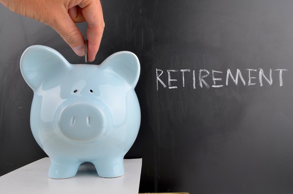 Man putting coin in a piggy bank with the word retirement written on a chalk board in the background.