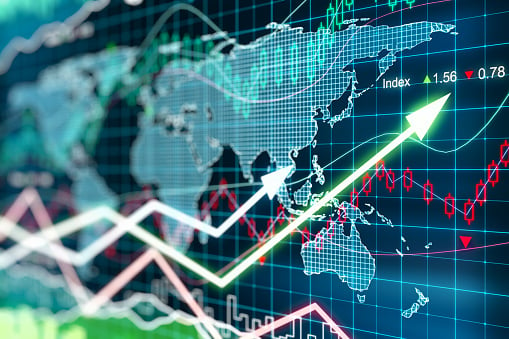 Digitized map of the Earth with a stock chart superimposed on top.