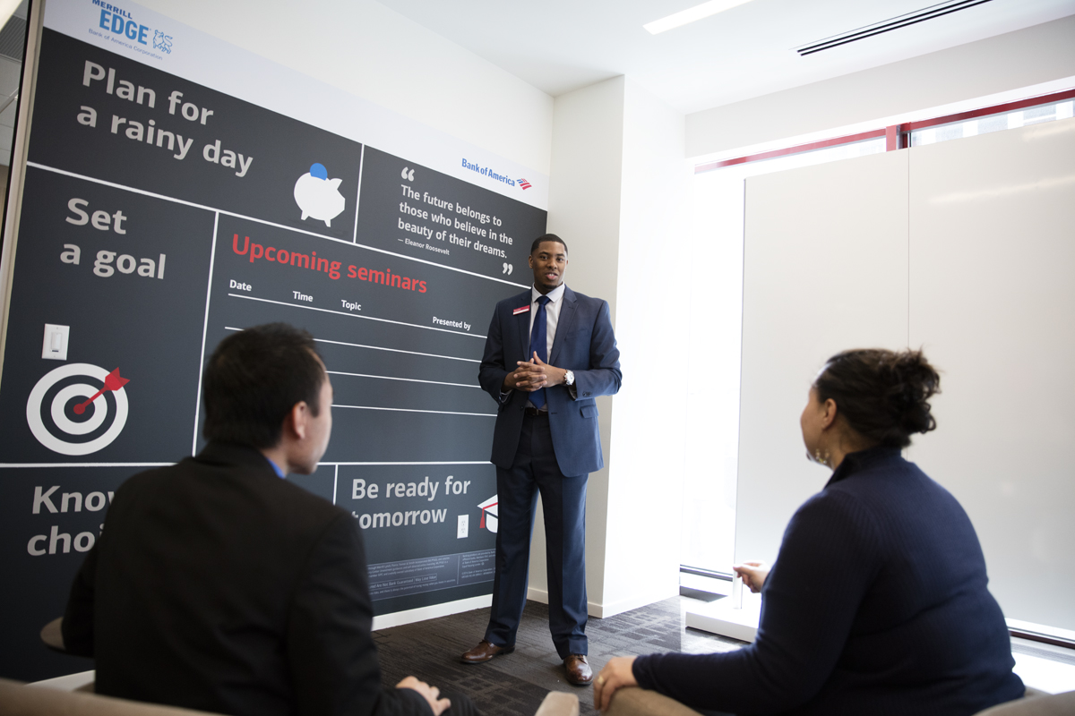 A conference room being used by Bank of America specialists for a financial seminar.