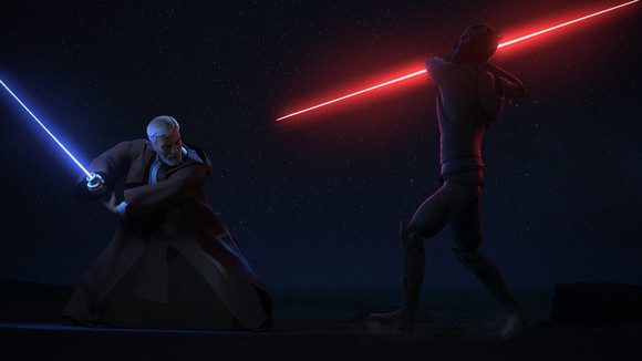Two Star Wars movie characters fighting with light sabers.