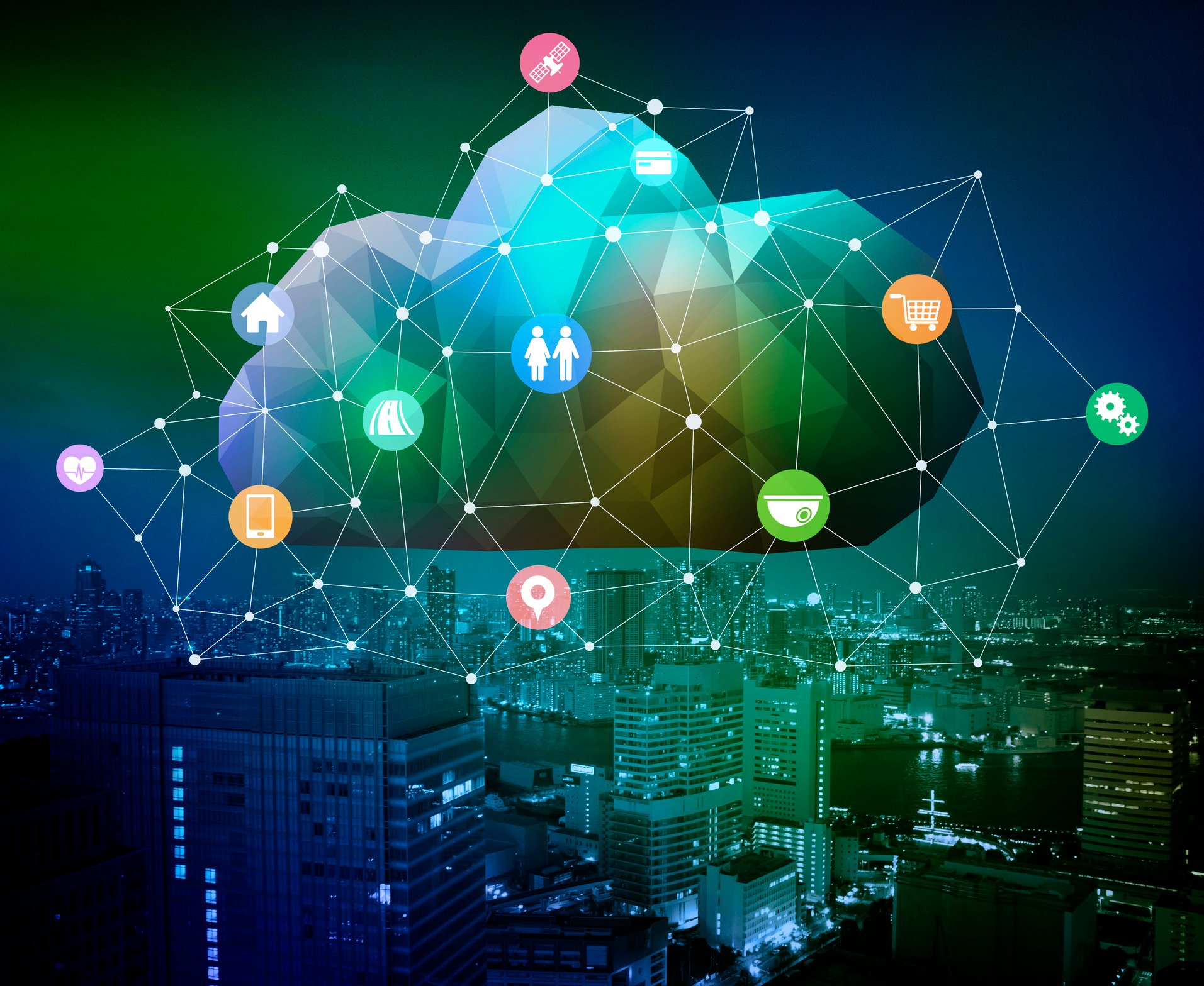 A graphical representation of a cloud-based network.