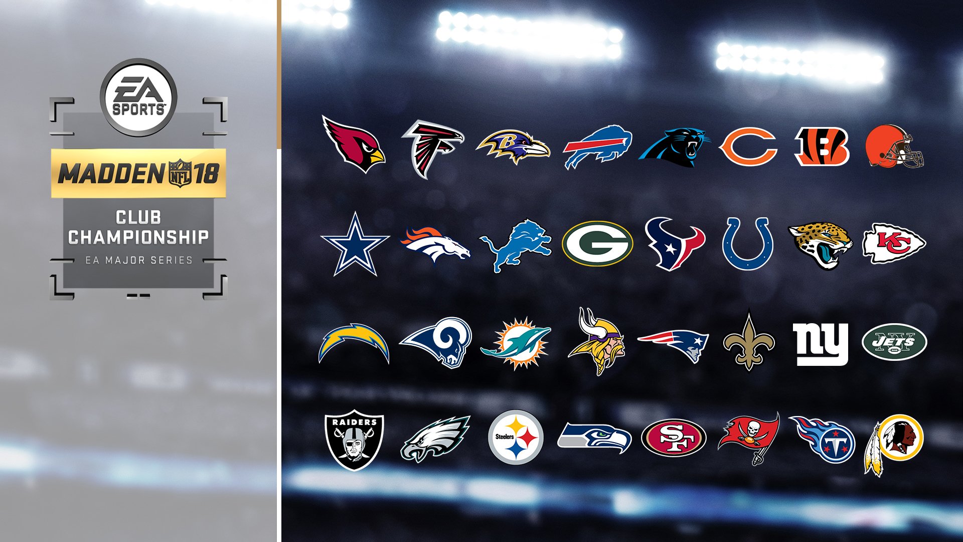 The logos of all 32 NLF teams with the Madden NFL 18 Club Championship logo on the left side.
