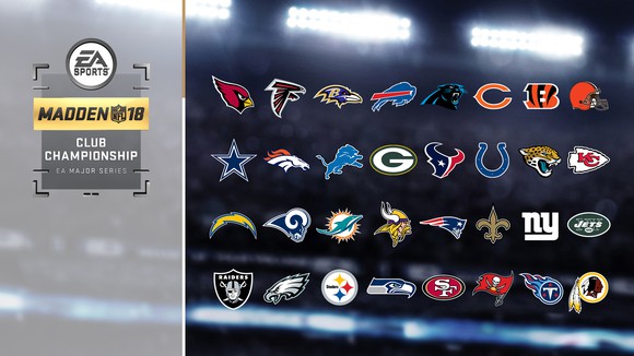 The logos of all 32 NLF teams with the Madden NFL 18 Club Championship logo on the left side.