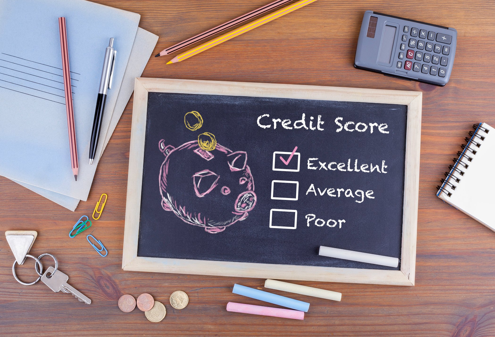 Chalkboard with credit score and excellent, average, and poor categories. Excellent is checked.