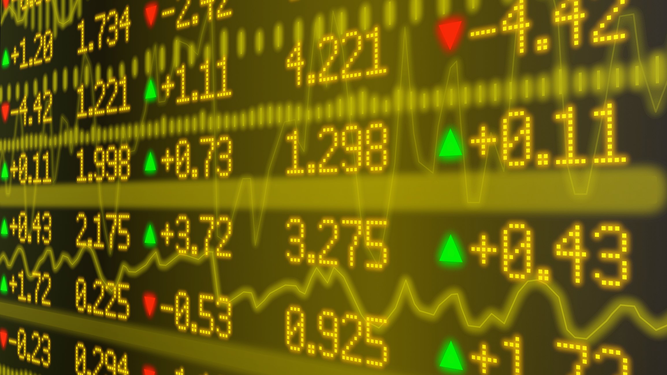 Stock market data on a mostly yellow LED display