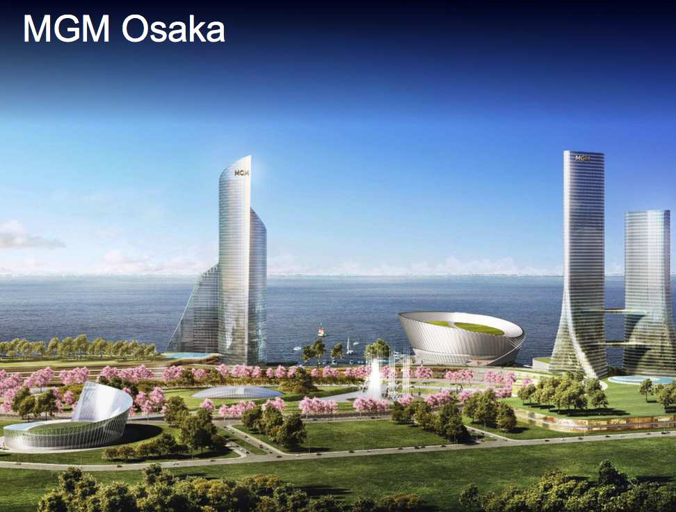Rendering of an MGM resort in Osaka with two large hotel towers and lush landscaping.