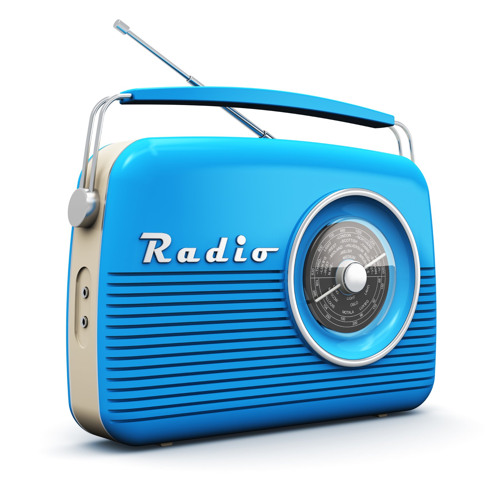A blue radio with the word "radio" on it.