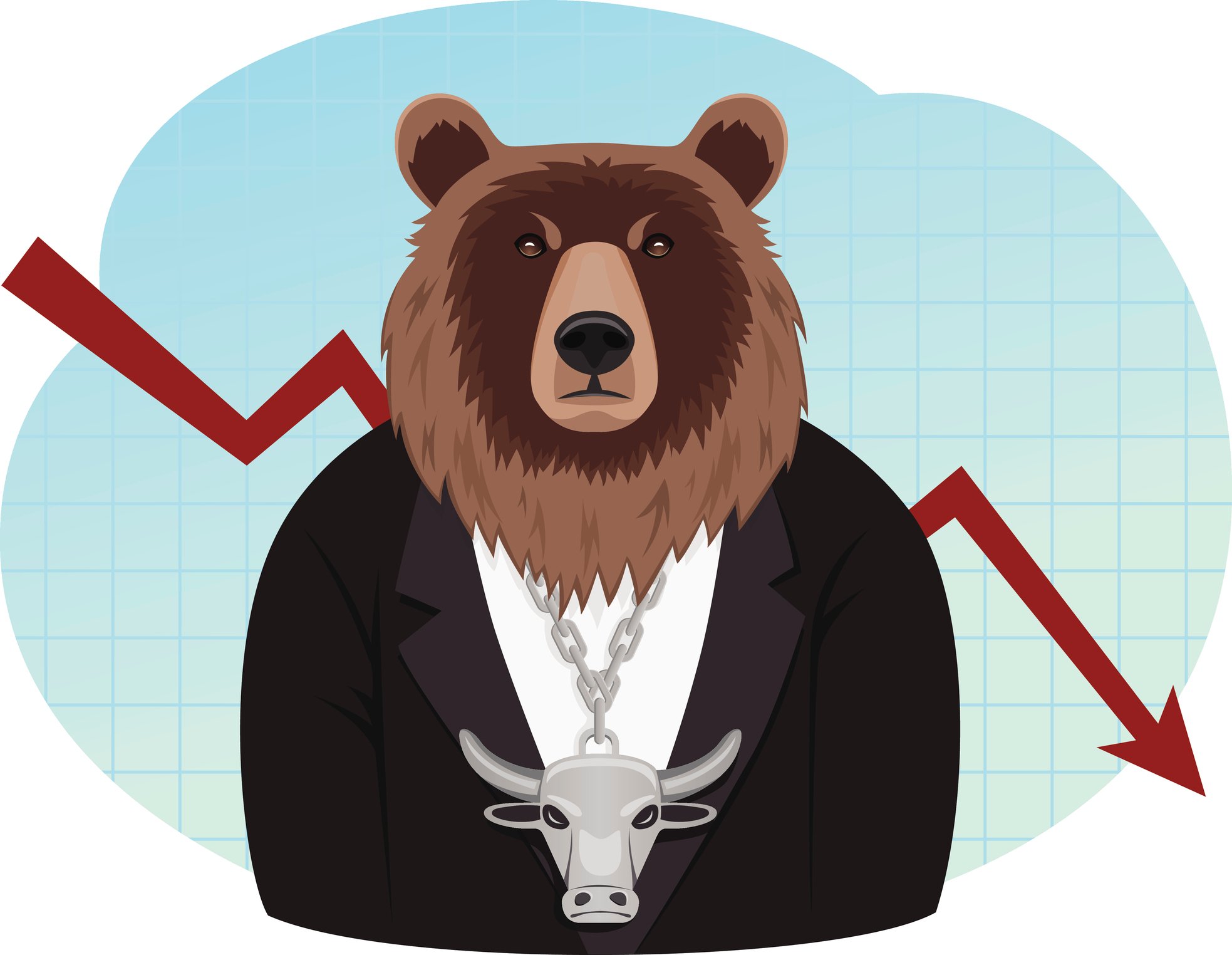 A cartoon bear (representing a down market) wearing a necklace of a bull (representing an up market) sitting in front of a red arrow heading down.
