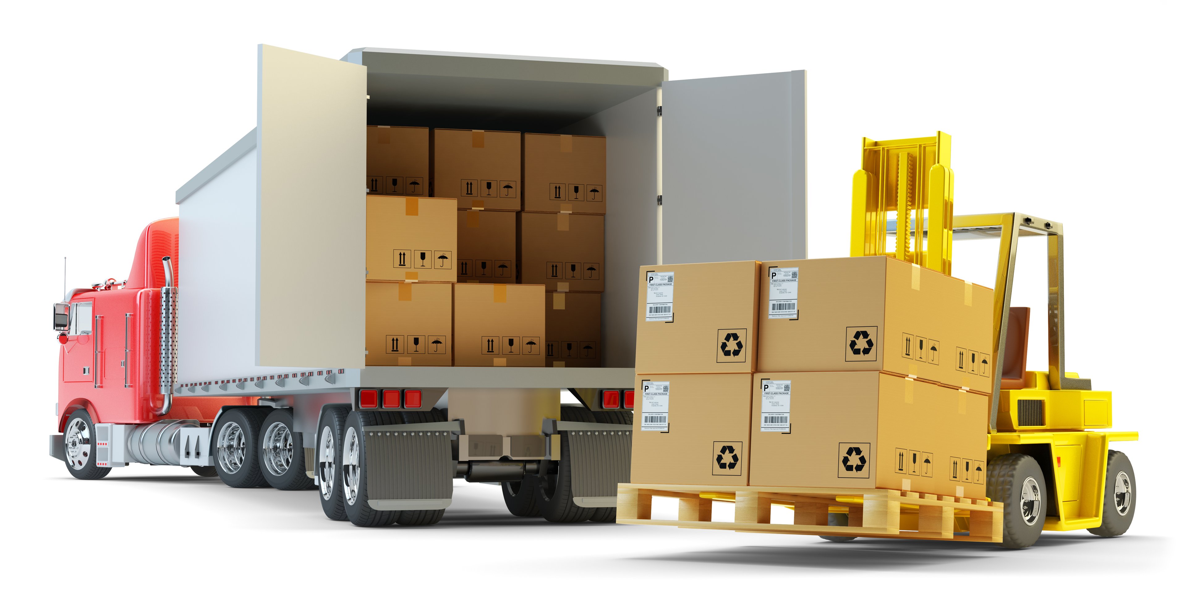 Large boxes on pallets being offload from a truck
