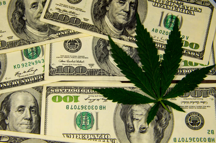 Marijuana leaf on top of $100 bills