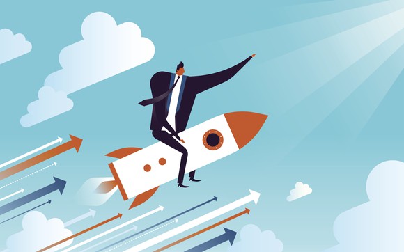 Cartoon of a businessman riding a rocket into the clouds.