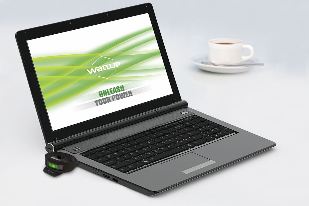 A WattUp Near Field transmitter plugged into a laptop.