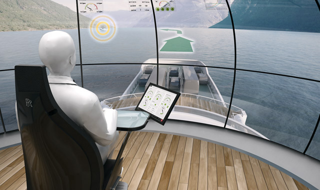 Rendering of remote operations center for marine vessels. Shows dummy human sitting in a seat in a building overlooking a body of water with computer controls in front of him/her.
