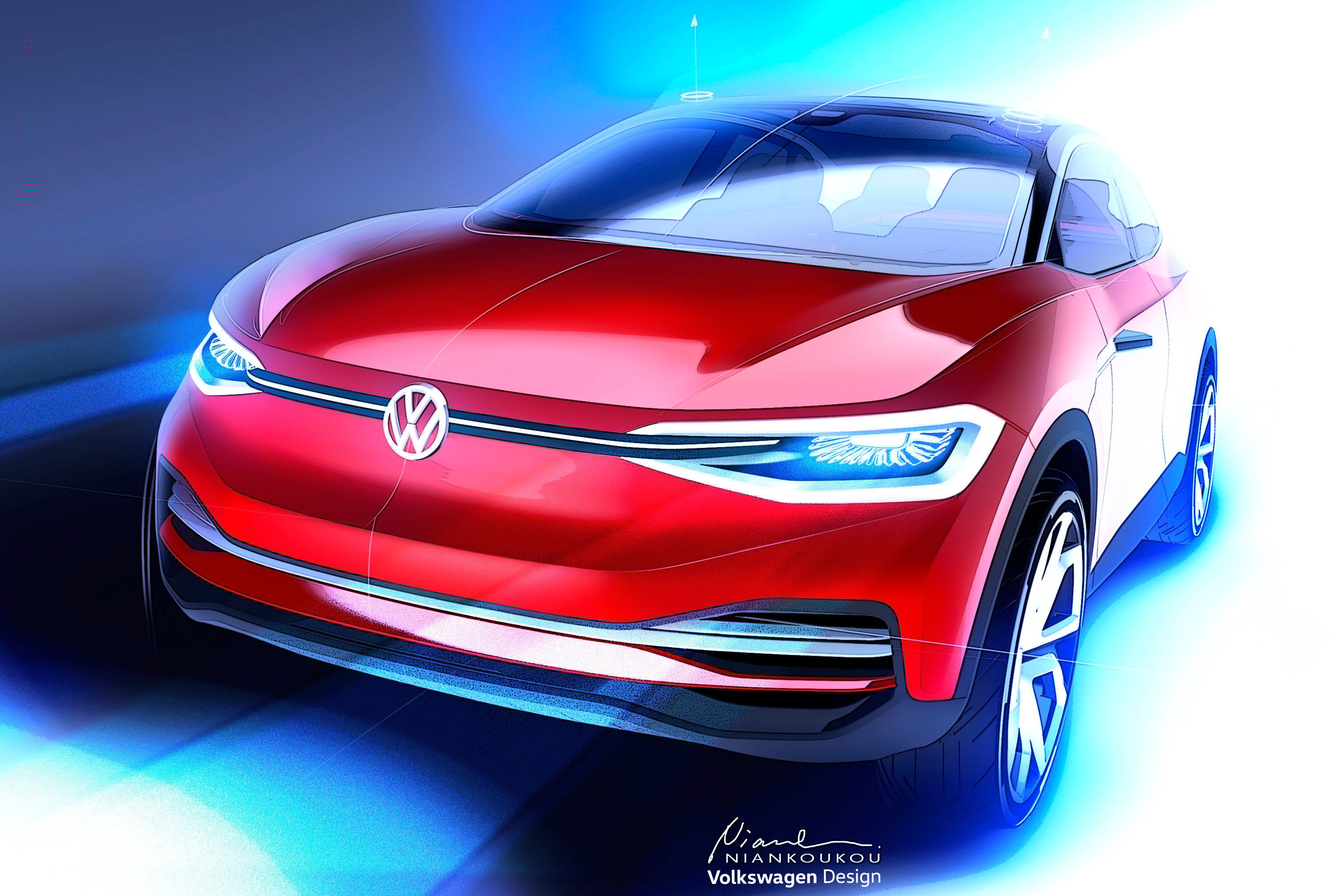 An artist's rendering of a small red VW crossover, shown from the front.