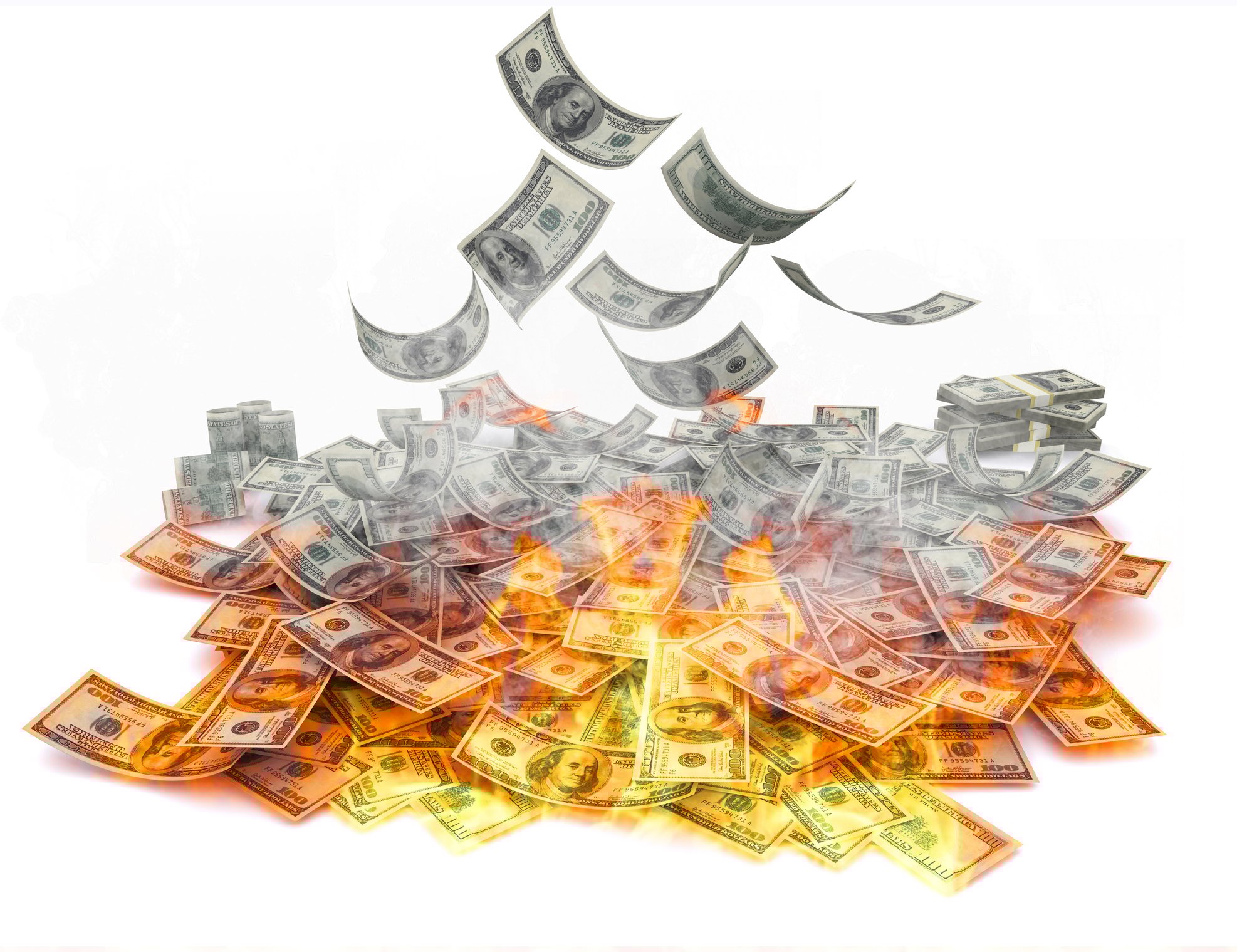 A pile of hundred-dollar bills, on fire.