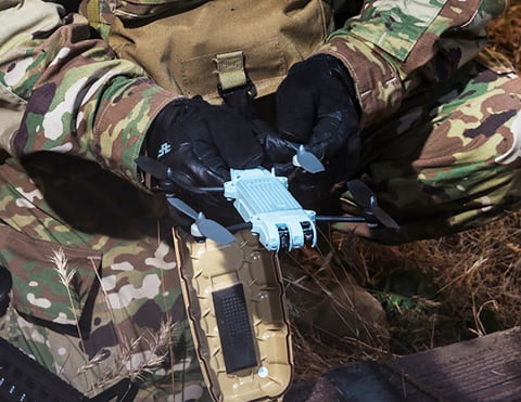 Small handheld drone in a military person's hand.