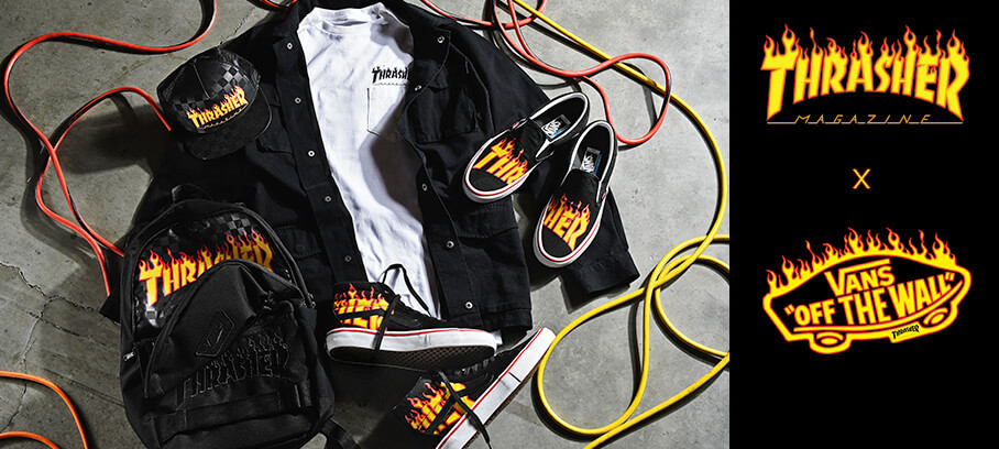 Various Thrasher merchandise including a jacket, hat, shoes, and a backpack scattered on top of each other.