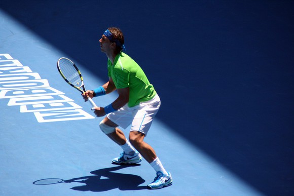 Rafael Nadal prepares for a shot in the 2012 Australian Open