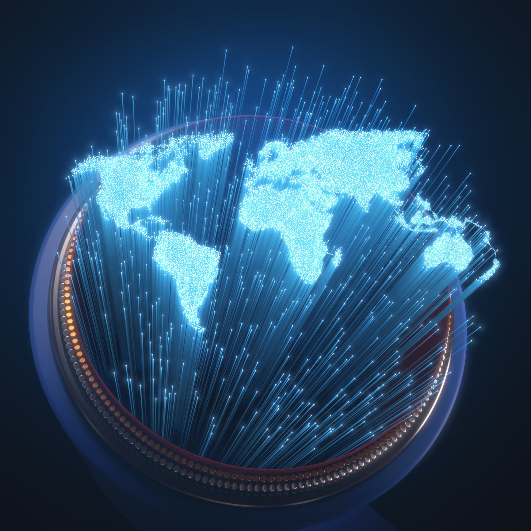 Concept art of the fiber optic Internet connecting the world.