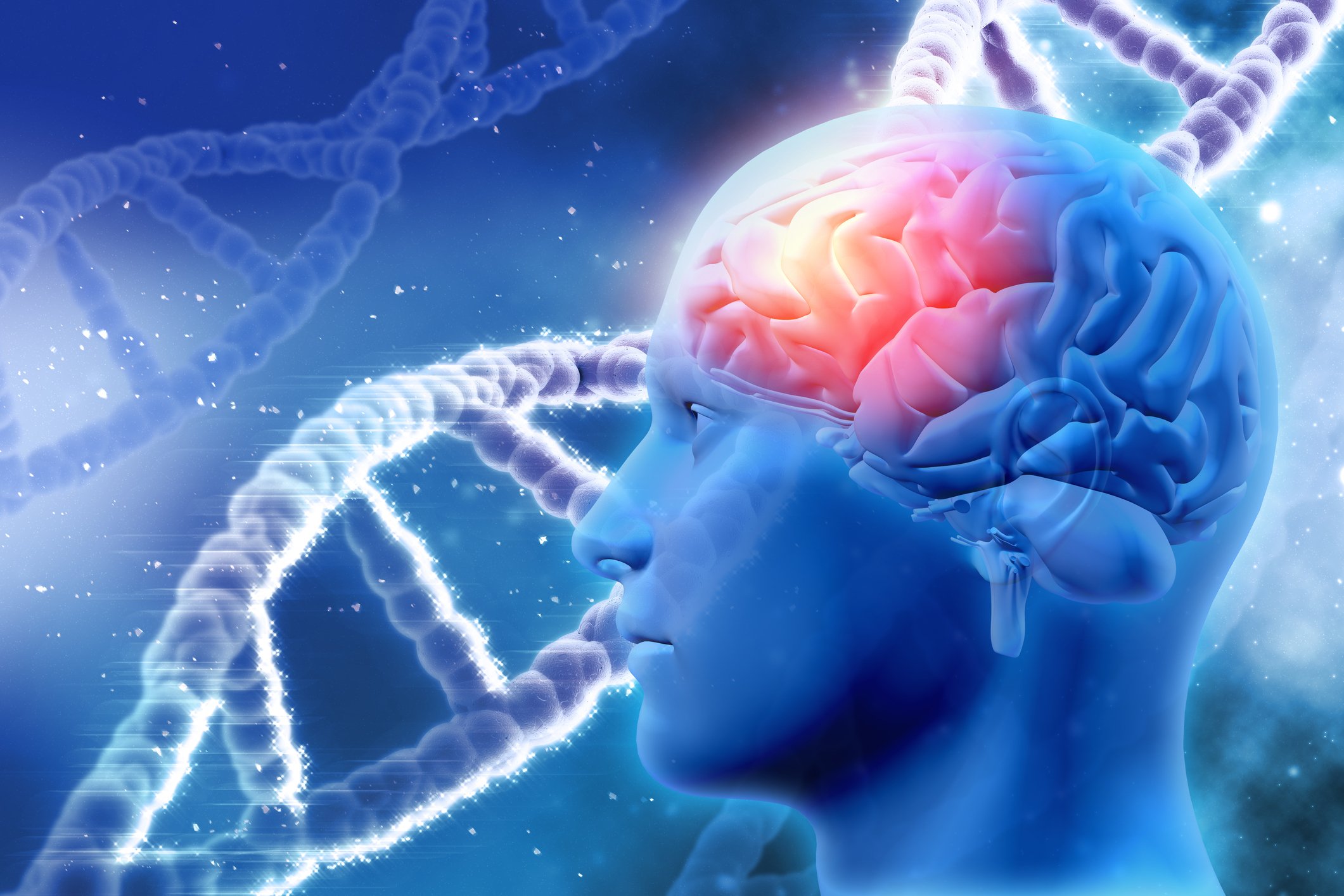 A digital illustration of a brain inside a human head, with strands of DNA in the background.