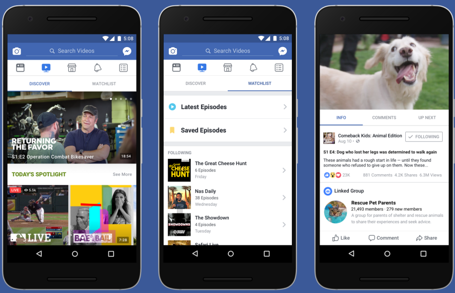Image of three smartphones with Facebook's new Watch video feature on their screens.